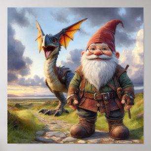 Ein Gnome-Krieger mit seinem Drachen Poster
