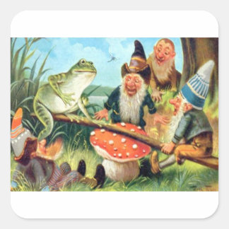 Ein Gnome und Frosch auf einer Pilzsäge Quadratischer Aufkleber