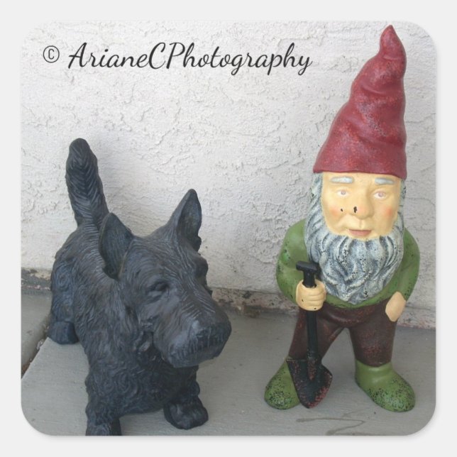 Ein Gnome und seine Hundekleber Quadratischer Aufkleber (Vorderseite)