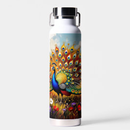Ein goldener und blauer Pfau in Blumen  Trinkflasche