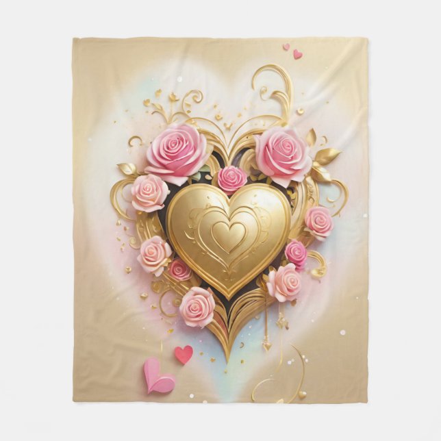 Ein goldenes Herz umgeben von zarten rosa Rosen Fleecedecke (Vorderseite)