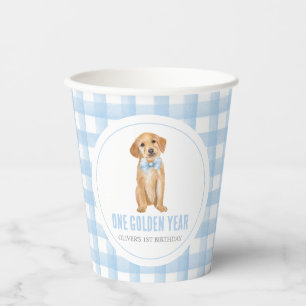 Ein goldenes Jahr Welpen preppy kariert 1. Geburts Pappbecher