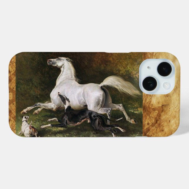 Ein grauer arabischer Hengst mit Hunden iPhone 15 Hülle (Rückseite (Horizontal))