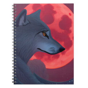 Ein grauer Wolf, der an einem blutenden Mond starr Notizblock
