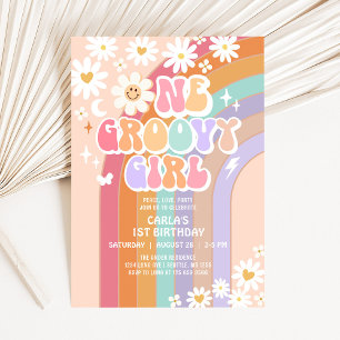 Ein groovy Mädchen Hippie Regenbogen Retro 1. Gebu Einladung