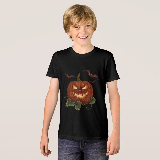 Ein großer Kürbis mit leuchtenden Augen und Fleder Tri-Blend Shirt (Vorderseite voll)