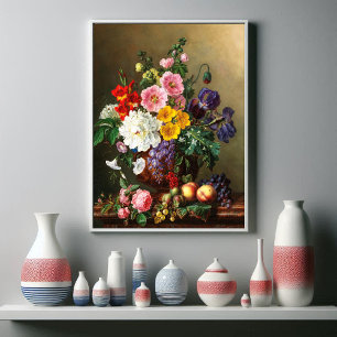 Ein großes Blumenbouquet mit Pfirsichen und Traube Poster