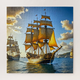 Ein großes Schiff mit goldenen Segel