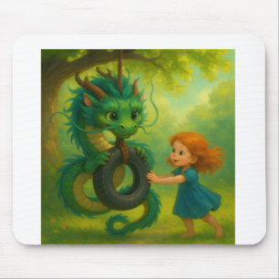 Ein grüner asiatischer Babydrache mit Welpenwahrne Mousepad