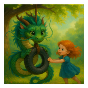 Ein grüner asiatischer Babydrache mit Welpenwahrne Poster