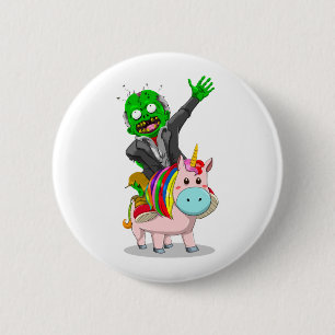 Ein grüner Zombie fährt auf einem niedlich rosa Ei Button