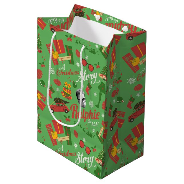 Ein grünes Icon-Muster in der Weihnachtsgeschichte Mittlere Geschenktüte (Vorderseite Schrägansicht)