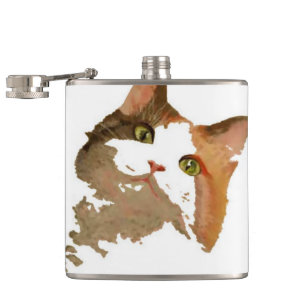 Ein grünes Mit Augen Calico Katze Kunstportrait Flachmann