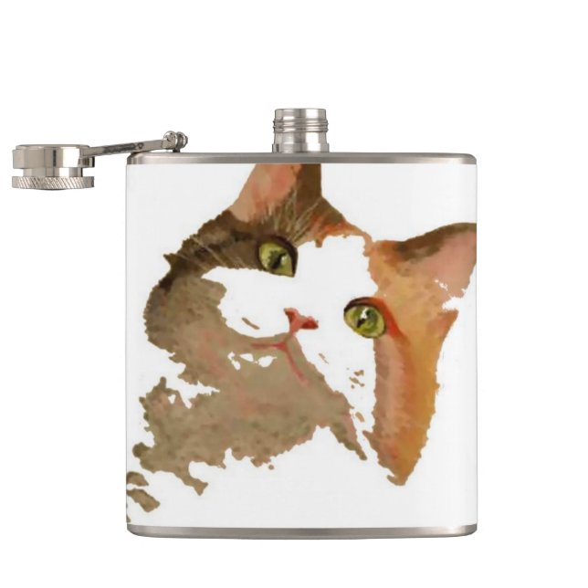 Ein grünes Mit Augen Calico Katze Kunstportrait Flachmann (Geöffnet)