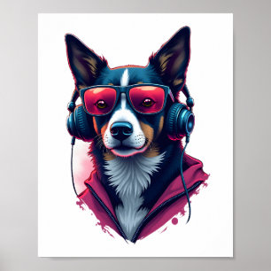 Ein Habu-Hund mit Sonnenbrille und Kopfhörern Poster