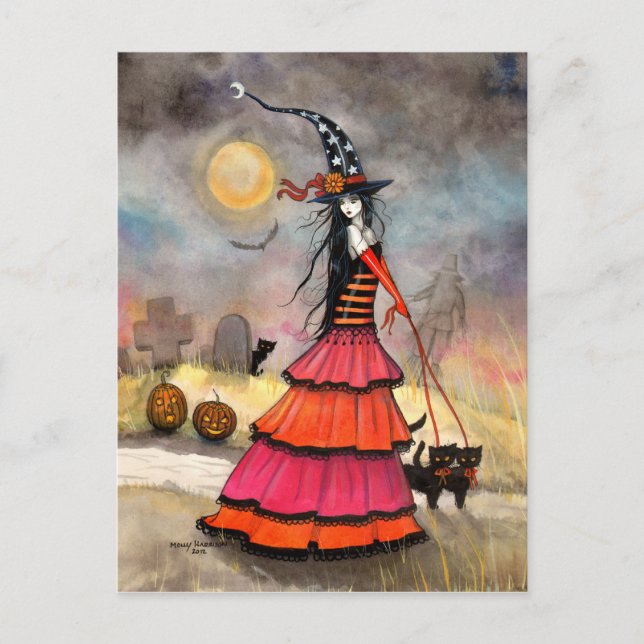Ein Halloween-Spaziergang Kunst und Schwarze Katze Postkarte (Vorderseite)