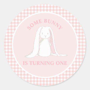 Ein Häschen ist ein rosa Gingham-Geburtstag Runder Aufkleber