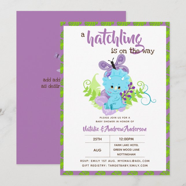 Ein Hatchling ist unterwegs mit Dinosaurier Babydu Einladung (Vorne/Hinten)