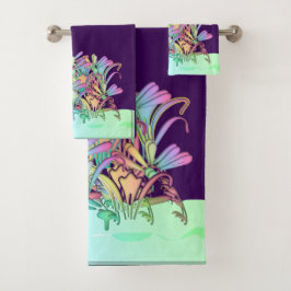 Ein Haufen pastelliger Blume Lila Badhandtuch Set
