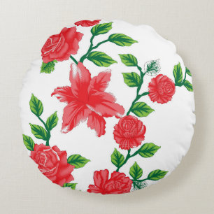ein Haufen roter Blume auf weißem Hintergrund Rundes Kissen