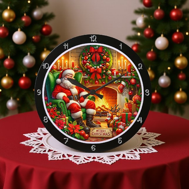 Ein heiterer Weihnachtsmann am Kamin Große Wanduhr (Von Creator hochgeladen)