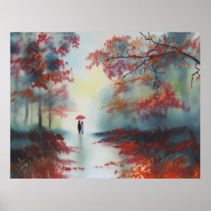 ein Herbstspaziergang an einem regnerischen Tag vo Poster