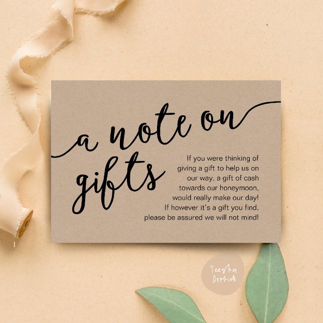 Ein Hinweis auf Geschenke, Flitterwochengeld Begleitkarte (Honeymoon Fund Cash Wish, a note on gifts Enclosure Card Rustic Brown Kraft Background)