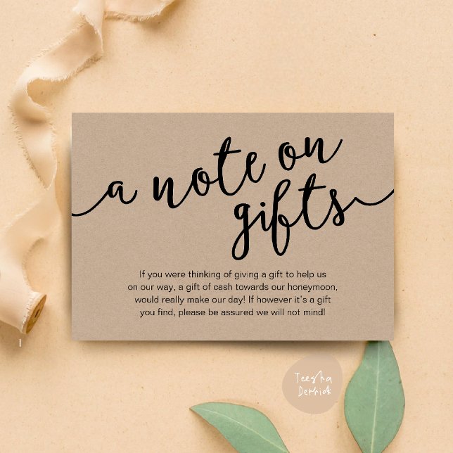 Ein Hinweis auf Geschenke, Flitterwochengeld Begleitkarte (Honeymoon Fund Cash Wish, a note on gifts Enclosure Card Rustic Brown Kraft Background)