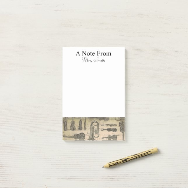 Ein Hinweis aus Blatt Musiknote Tuba Violin Gitarr Post-it Klebezettel (Auf Schreibtisch)