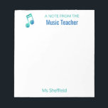 Ein Hinweis des Musiklehrers Personalisierte Musik Notizblock<br><div class="desc">Ein Hinweis aus dem Musiklehrer Personalisiert Musical Notepad. Ein lustiges,  individuelles Geschenk für Ihren Lieblings-Musiklehrer. Personalisieren Sie diese Noten in Grün- und Blautönen. Eine Musik im Aquarellstil,  ganz oben auf diesem Notizblock,  ist in hübschen aquamarinen und tiefblauen Farben gehalten. Ein lustiges,  sonniges Geschenk für Ihren Musiklehrer.</div>