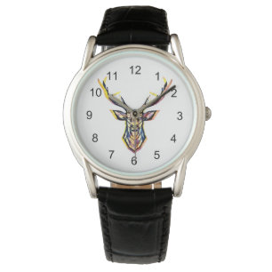 Ein Hirschkopf als buntes Bild im Aquarell Stil    Armbanduhr