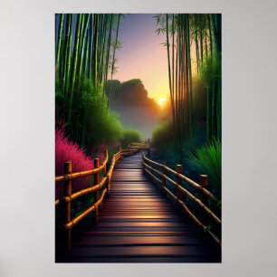 Ein hölzerner Weg in den zauberhaften Sonnenunterg Poster