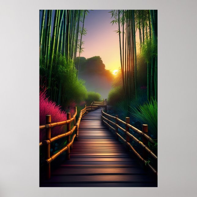 Ein hölzerner Weg in den zauberhaften Sonnenunterg Poster (Vorne)