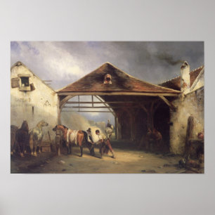 Ein Hufschmied, der ein Pferd beschuht Poster