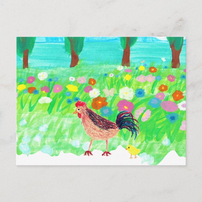 Ein Huhn und ein Baby Kick im Garten Postkarte (Vorderseite)