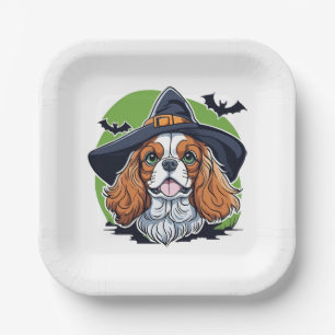 Ein Hund, der einen Hexenhut mit Fledermäusen träg Pappteller