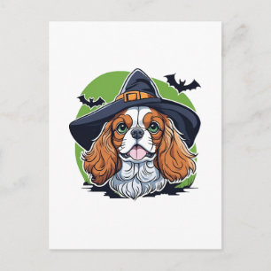 Ein Hund, der einen Hexenhut mit Fledermäusen träg Postkarte