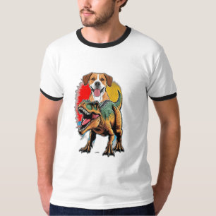 Ein Hund mit Dinosaurier (T-Rex oder Tricer) T-Shirt