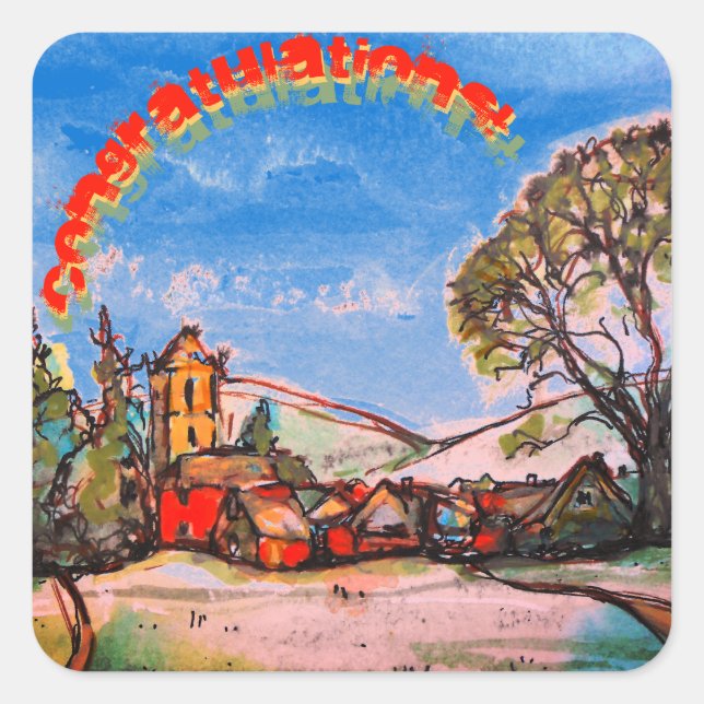 Ein idyllischer britischer Village & Regenbogentex Quadratischer Aufkleber (Vorderseite)
