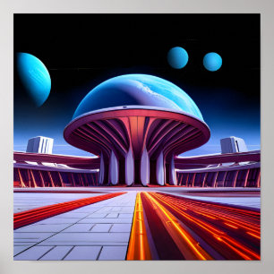 Ein intergalaktischer Flughafen im Weltraum Poster