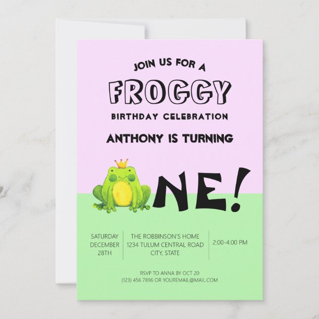 Ein Jahr alt Geburtstag Party Frosch Thema Einladung (Vorderseite)