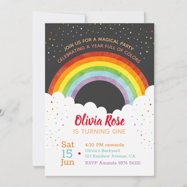 Ein Jahr voll Regenbogen-ersten Geburtstag vom Einladung (Vorderseite)