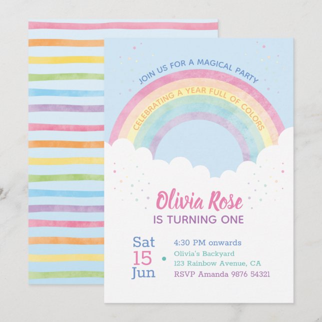 Ein Jahr voller Farben | Rainbow First Birthday Einladung (Vorne/Hinten)