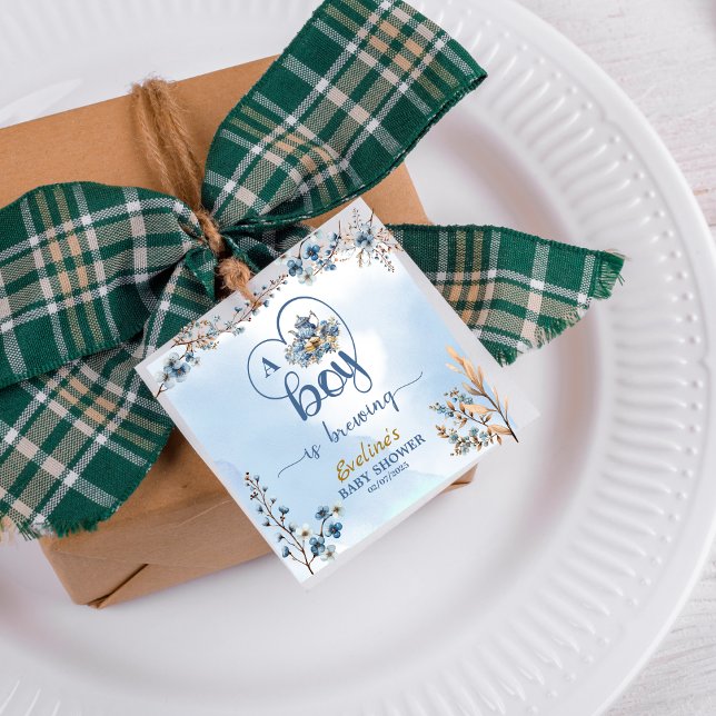 Ein Junge braut Tee Party Boy Baby Dusche Geschenkanhänger (“A Boy Is Brewing” tea party-themed favor tags! Featuring a soft baby blue watercolor background, )