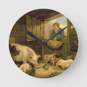 Ein Junge, der einen Schwein-Schweinestall, 1794 Runde Wanduhr