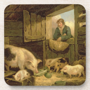 Ein Junge, der einen Schwein-Schweinestall, 1794 Untersetzer