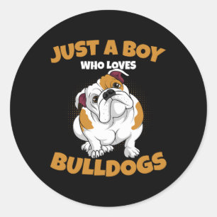 Ein Junge, der englische Bulldogs Liebe Kinder Jun Runder Aufkleber