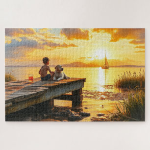 Ein Junge und sein Hund am See bei Sonnenuntergang