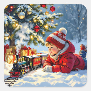 Ein Junge und sein Weihnachtszug altmodisch Quadratischer Aufkleber