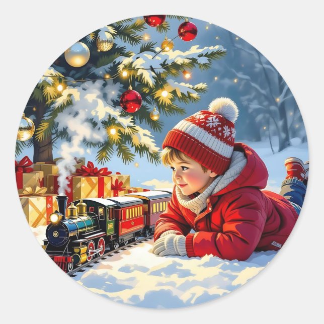 Ein Junge und sein Weihnachtszug altmodisch Runder Aufkleber (Vorderseite)